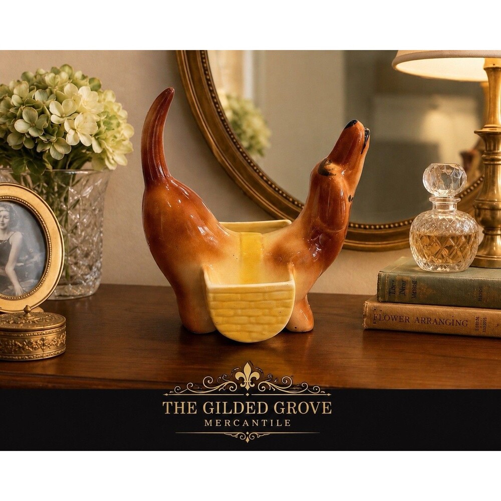 Vintage 1950s A.L. Hirsch Rover Dachshund Ceramic Dresser Caddy Valet Planter